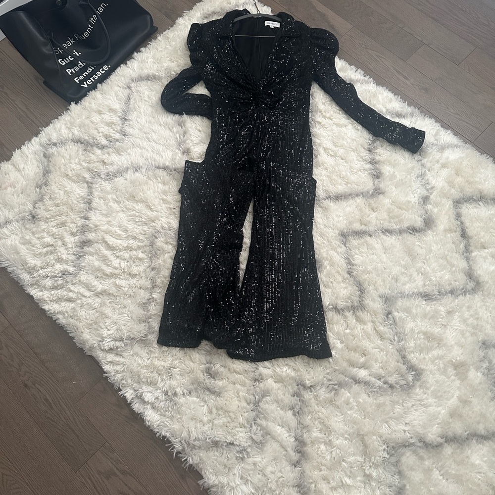 SHEIN Black Sequin Long-Sleeve Jumpsuit
